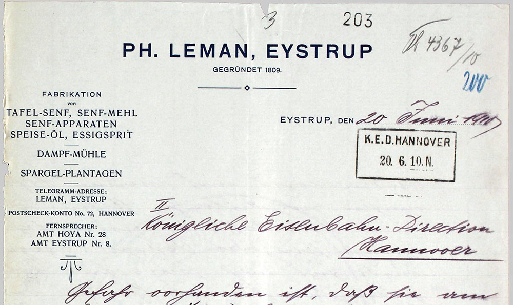 Ph. Leman Fabrikation von: Tafel-Senf, Senf-Mehl,  Senf-Apparaten, Speiseöl, Essigsprit  Dampfmühle  Spargelplantagen