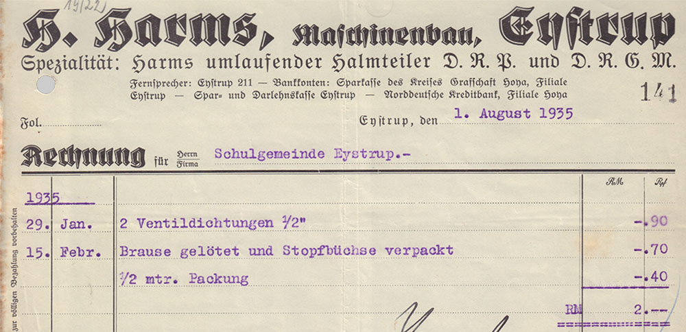 H. Harms Maschinenbau Spezialität: Harms umlaufender Halmteiler D.R.P. und D.R.G.M,