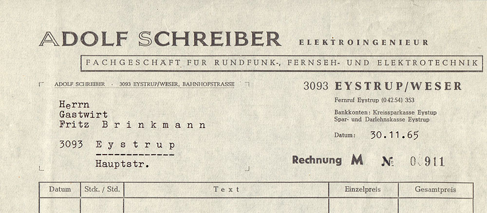 Adolf Schreiber Elektroingenieur Fachgeschäft für Rundfunk, Fernseh- und Elektroinstallation