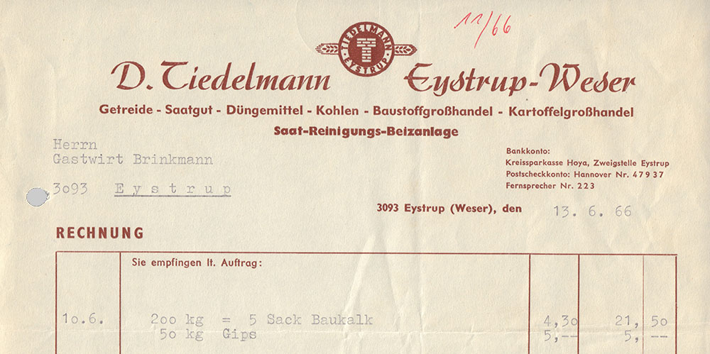 D. Tiedelmann Getreide - Saatgut - Düngemittel - Kohlen - Baustoffhandel - Kartoffelgroßhandel