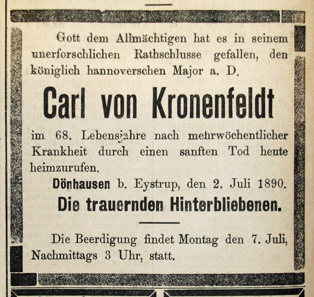 Todesanzeige Carl von Kronenfeldt