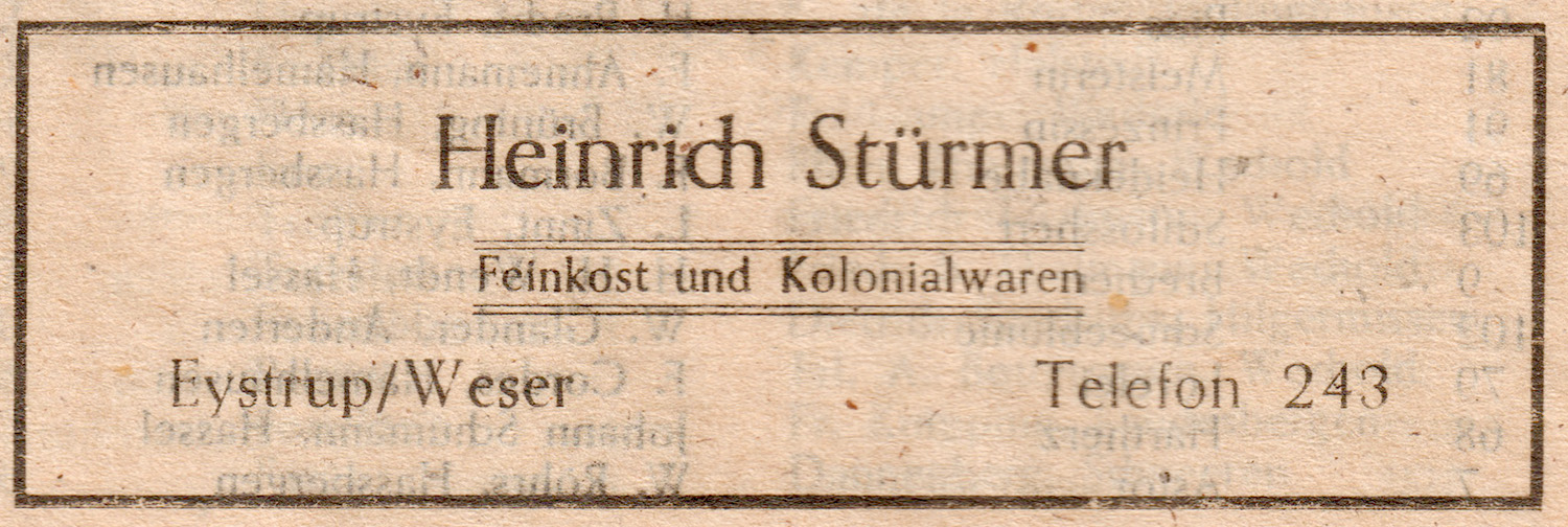 Anzeige des Feinkost- und Kolonialwarengeschäftes Stürmer aus den 50er Jahren