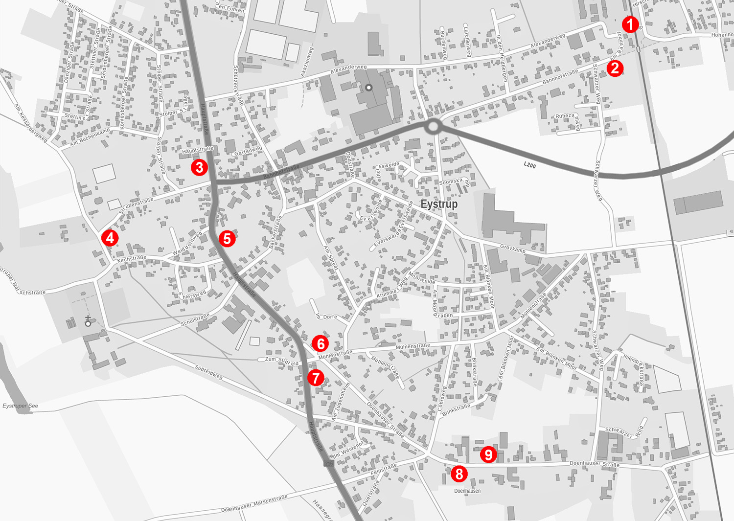 Karte mit geschichtsträchtigen Orten und Sehenswürdigkeiten in Eystrup