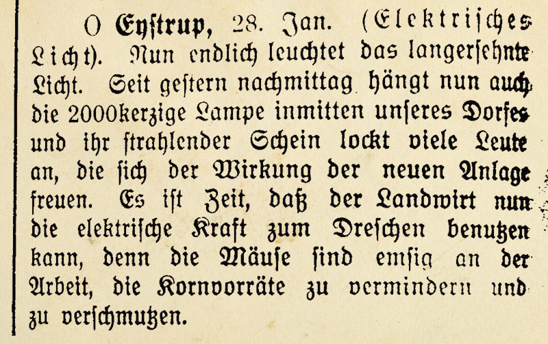 Am 27. Januar 1914 erstahlt erstmals in Eystrup das Licht einer elktrischen Lampe