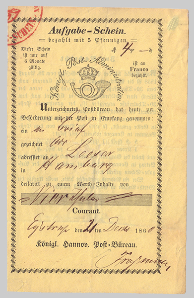 Aufgabeschein von 1860 mit der Unterschrift von Postmeister Freymuth