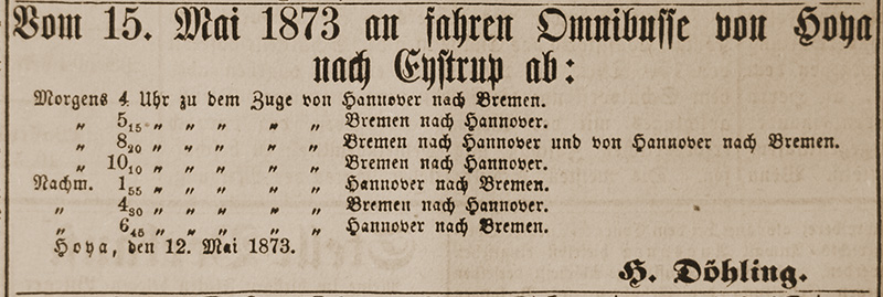 Fahrplan der Omnibusverbindungen zwischen Hoya - Eystrup von 1873