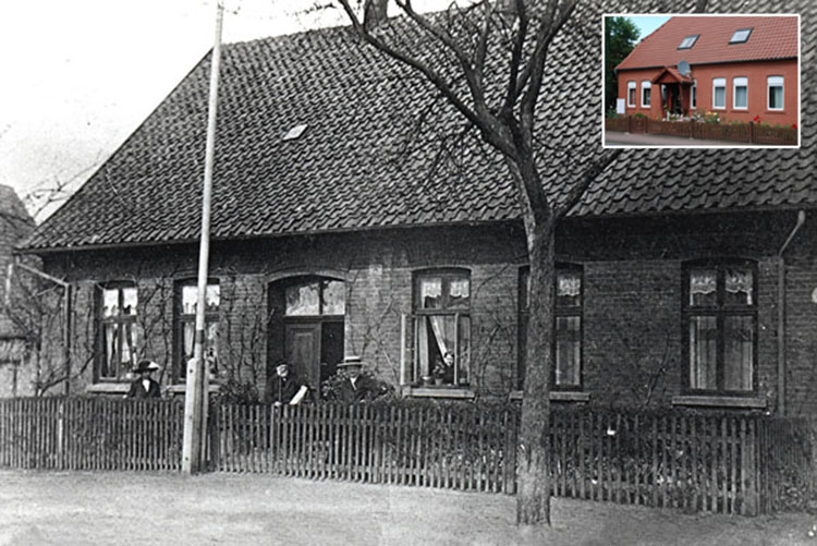 ehemalige Schulstelle in der Strubenstraße 33 um 1900 und um 2013 (kleines Bild)